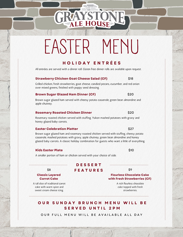 Graystone Ale House -  Easter Menu