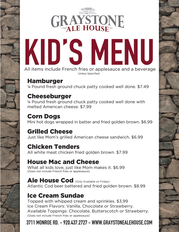 Graystone Ale House - Kids Menu